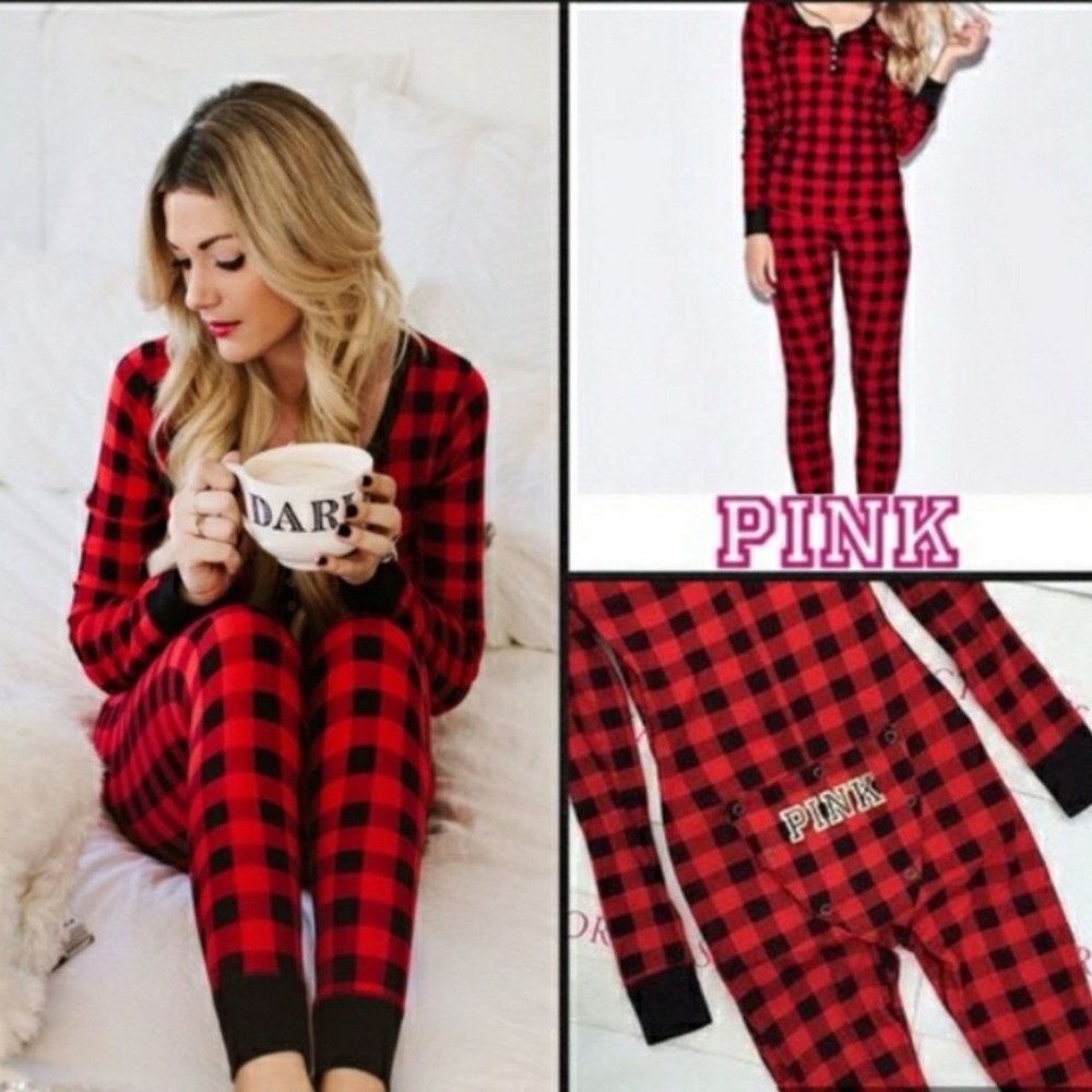 Victoria's Secret PINK Buffalo Plaid One piece Pajamas Size M,‎ Button Flap Back